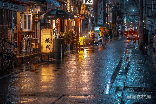 高清摄影 夜幕下的一个潮湿城市街道，车辆停在路边。