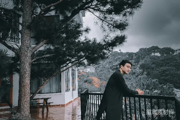 高清摄影 站在阳台上的一个男人旁边是一棵树