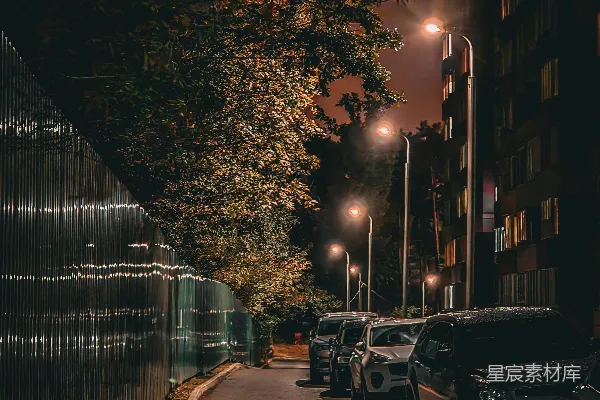 高清摄影 夜晚的城市街道，路边停着汽车。