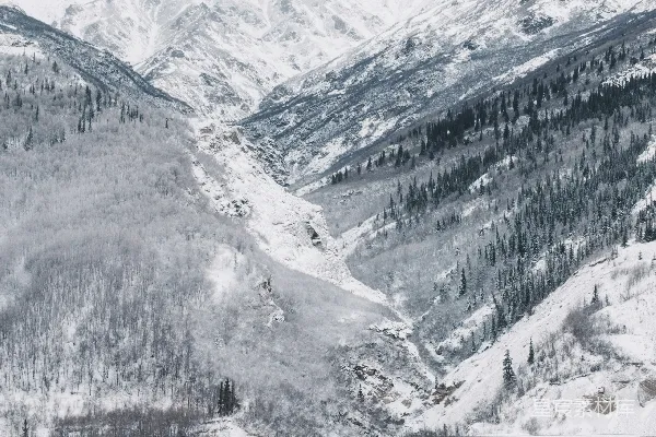 高清摄影 黑桥周围是被白雪覆盖的山峦，在白茫茫的天空下。