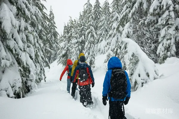 高清摄影 四人在雪地上行走