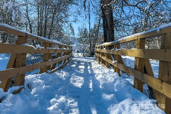 高清摄影 一座木桥横跨一条覆有白雪的小径