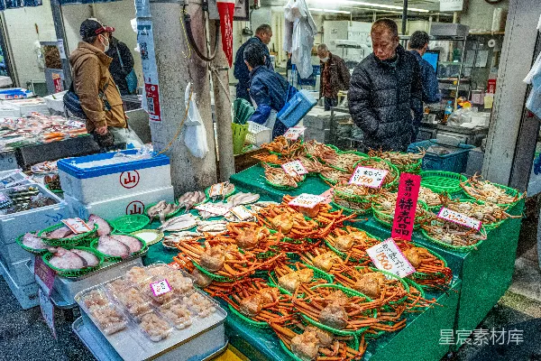 高清摄影 室外市场摊位上展示的新鲜海鲜。