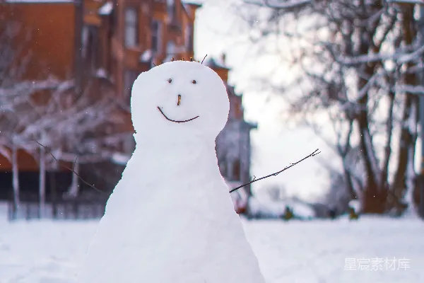 高清摄影 白天雪人近处有裸露的树木