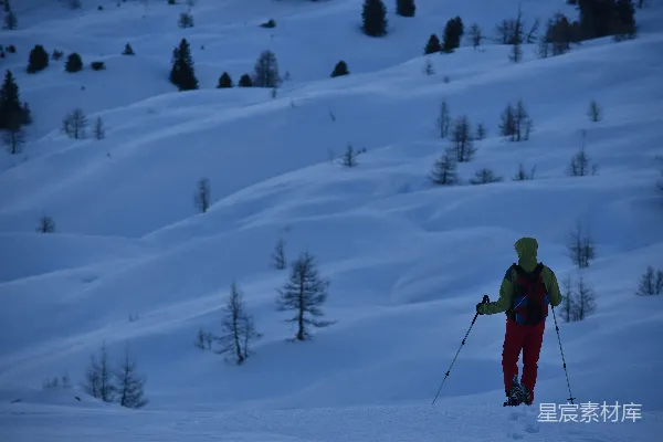 高清摄影 滑雪者在雪地上行走，手握 Ski Poles。