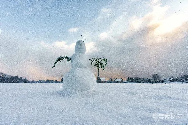 高清摄影 雪人站在一片田野的中央。