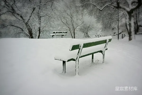 高清摄影 绿漆的长凳覆盖着雪。