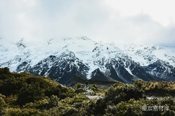 高清摄影 覆盖着白雪的山脉与树木和灌木丛交织在一起
