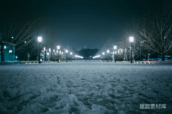 高清摄影 夜晚覆盖着白雪的公园，灯火通明