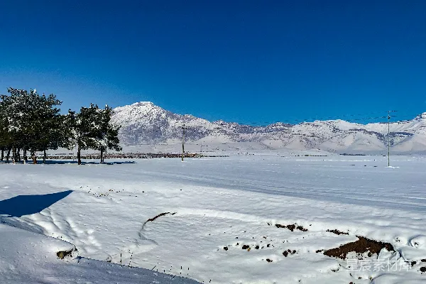 高清摄影 背景是树木和山脉的雪覆盖的田野。