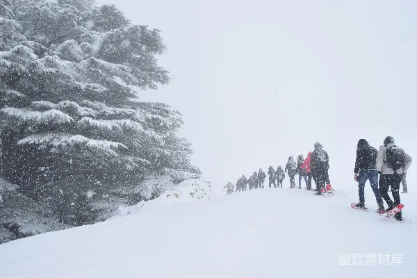 高清摄影 一群人在雪覆盖的山坡上站立。