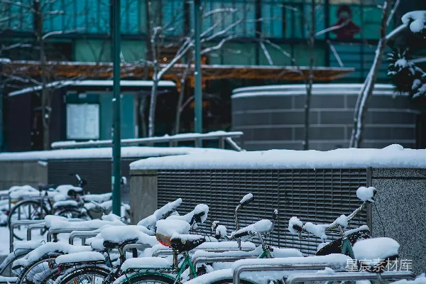 高清摄影 一排排覆满积雪的自行车