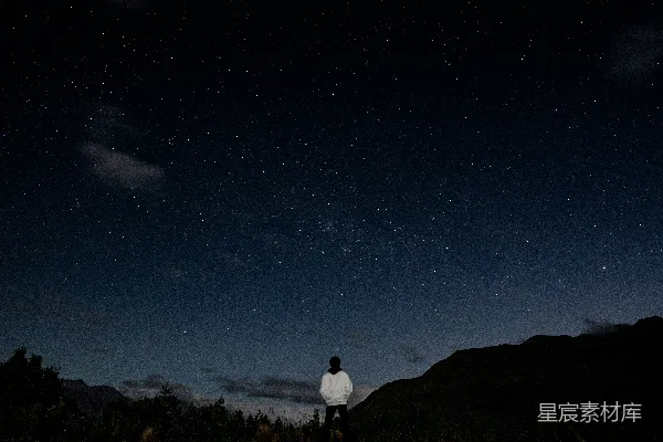 高清摄影 一个男人站在一片繁茂绿意的山坡顶部，在夜空下伫立。