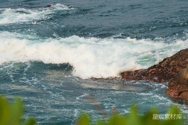 高清摄影 岩石岸边的波浪拍打，周围绿树葱郁