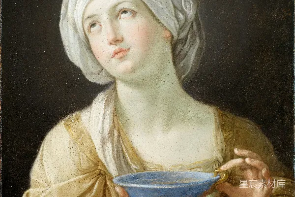 高清摄影 身穿白色头饰的女人手持蓝碗绘画
