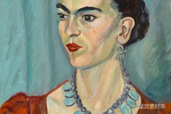 高清摄影 Frida Kahlo身穿红色连衣裙，颈戴项链