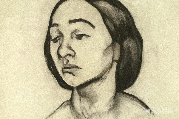 高清摄影 一幅女子头部和肩膀的炭笔画。