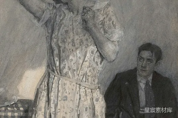 高清摄影 一位女性站在一位男性旁边的一幅画