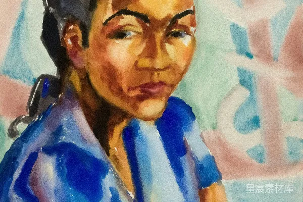 高清摄影 一幅色彩鲜艳的水彩画，描绘着身穿蓝色的女性。