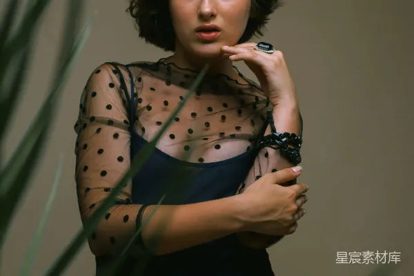 高清摄影 黑色女郎透视领短袖连衣裙