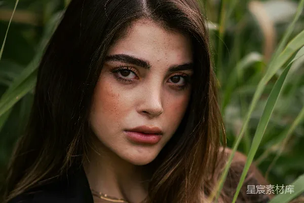 高清摄影 黑发年轻女子在高草中