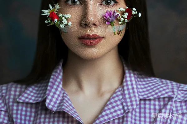 高清摄影 脸上带着花朵的女人，艺术肖像。