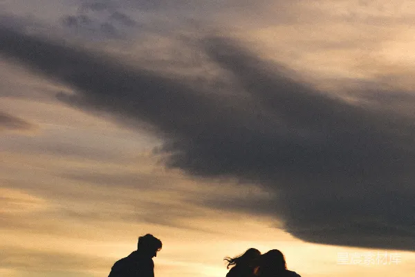 高清摄影 傍晚日落时两人站在草地上的剪影
