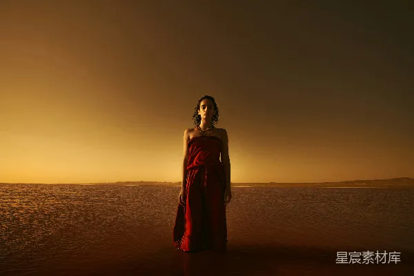 高清摄影 夕阳下海滩上站立的女人轮廓