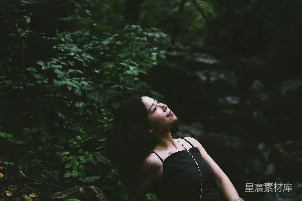 高清摄影 森林中一位女性坐在一块岩石上。