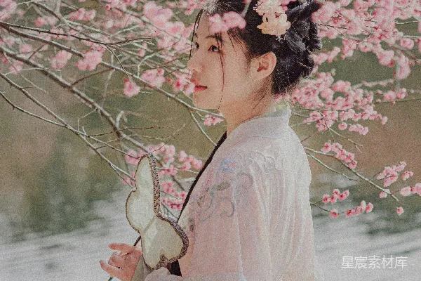 高清摄影 白色长裙女子树下粉色花朵