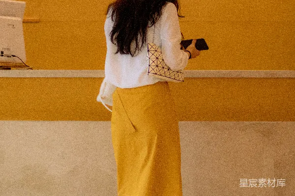 高清摄影 身穿白色长袖衬衫和黄色短裙的女子