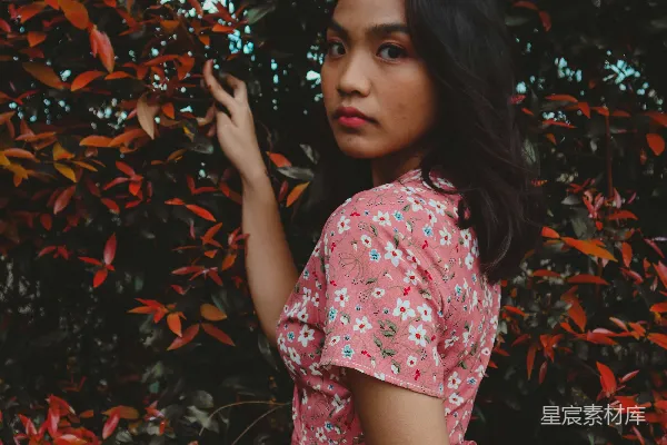 高清摄影 一个穿粉红色连衣裙的女人站在灌木丛前