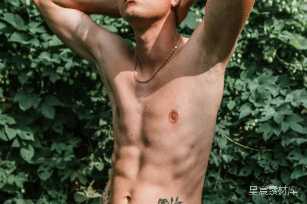 高清摄影 一个赤裸上身的男人站在灌木丛前
