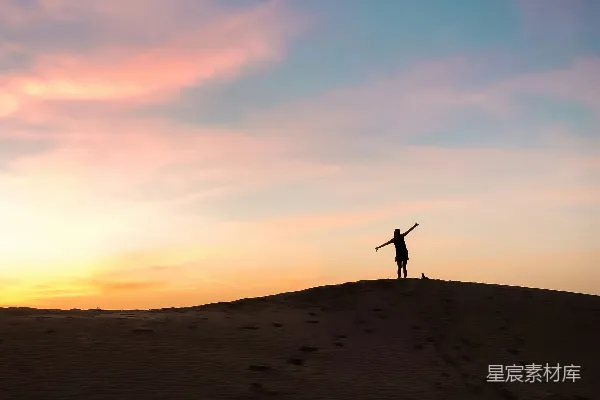 夕阳下站立在棕色沙丘上的身影