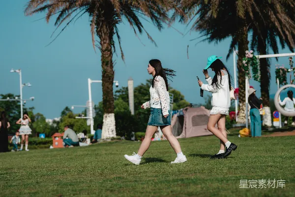 高清摄影 两名年轻女子在绿草地上行走，树下有棕榈树。