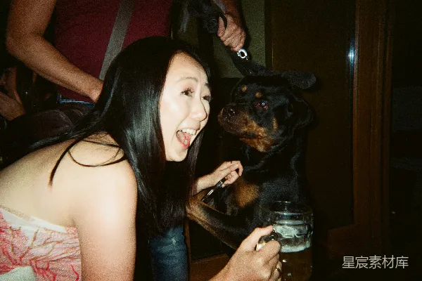 高清摄影 一个女人坐在椅子上抱着一只狗。