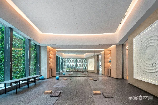 高清摄影 现代瑜伽 studio，配有大窗户和瑜伽垫。