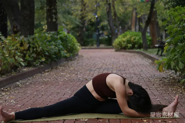 高清摄影 一位女性正在砖砌小径上做瑜伽姿势。