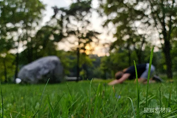 高清摄影 草地上躺着一个人，背景中有石头。