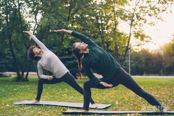 高清摄影 两位妇女在公园里户外练习瑜伽。