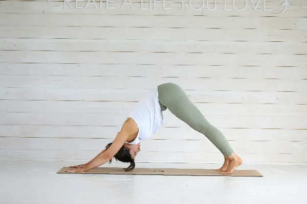 高清摄影 女性在瑜伽垫上的 downward dog 姿势。