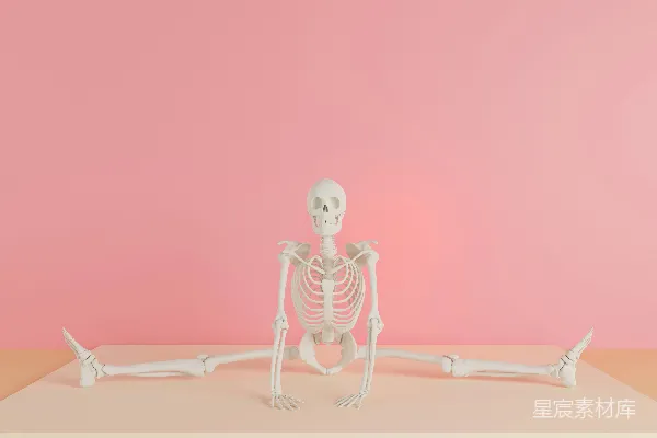 高清摄影 桌子前坐着一个 Skeleton，墙是粉色的。