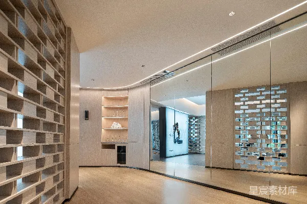 高清摄影 现代风格的内 hallway，配有装饰屏风和书架。