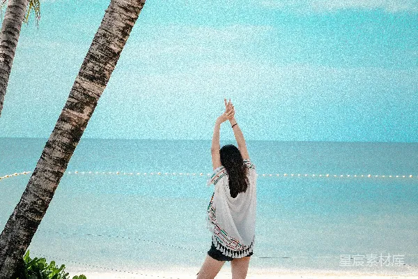 高清摄影 女人站在海边的绿椰子树下