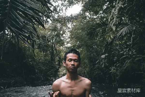 高清摄影 裸体的男人坐在近绿色树叶树丛的水边，白天。