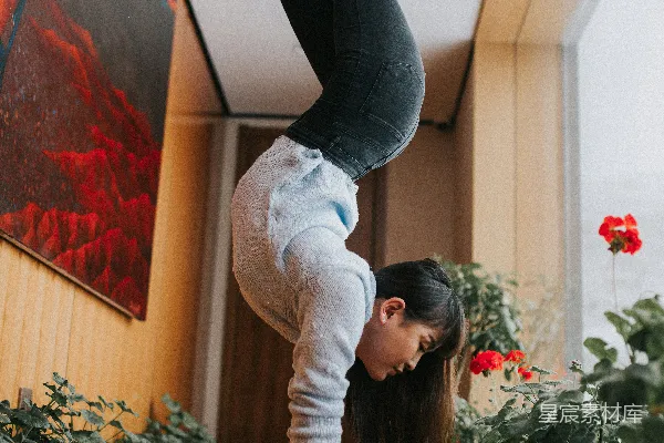 高清摄影 灰衬衣和黑色长裤的女士在棕色木质地板上弯腰弯曲身体