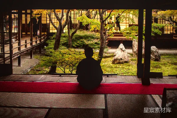 高清摄影 在宁静的日本花园中打坐的人