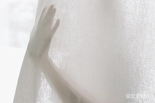 高清摄影 一个人的手从窗帘中伸出