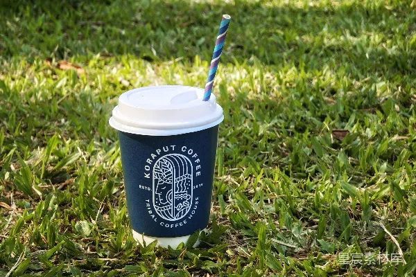 高清摄影 蓝色科罗帕特咖啡杯放在繁茂的绿色草地上。