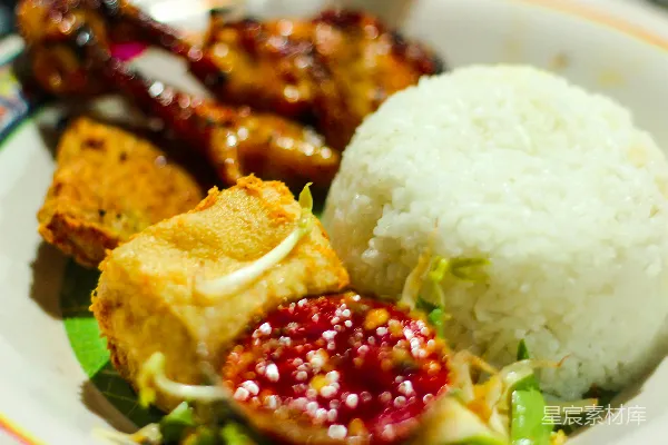 高清摄影 白盘中盛放着米饭和肉。